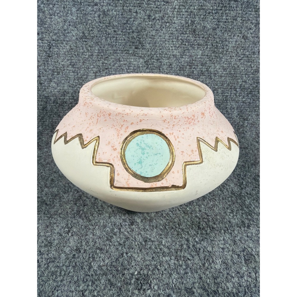 KOPA Pottery Vase AP123 Pink Turquoise 22K Gold Trim Southwestern Geometric 5.5"